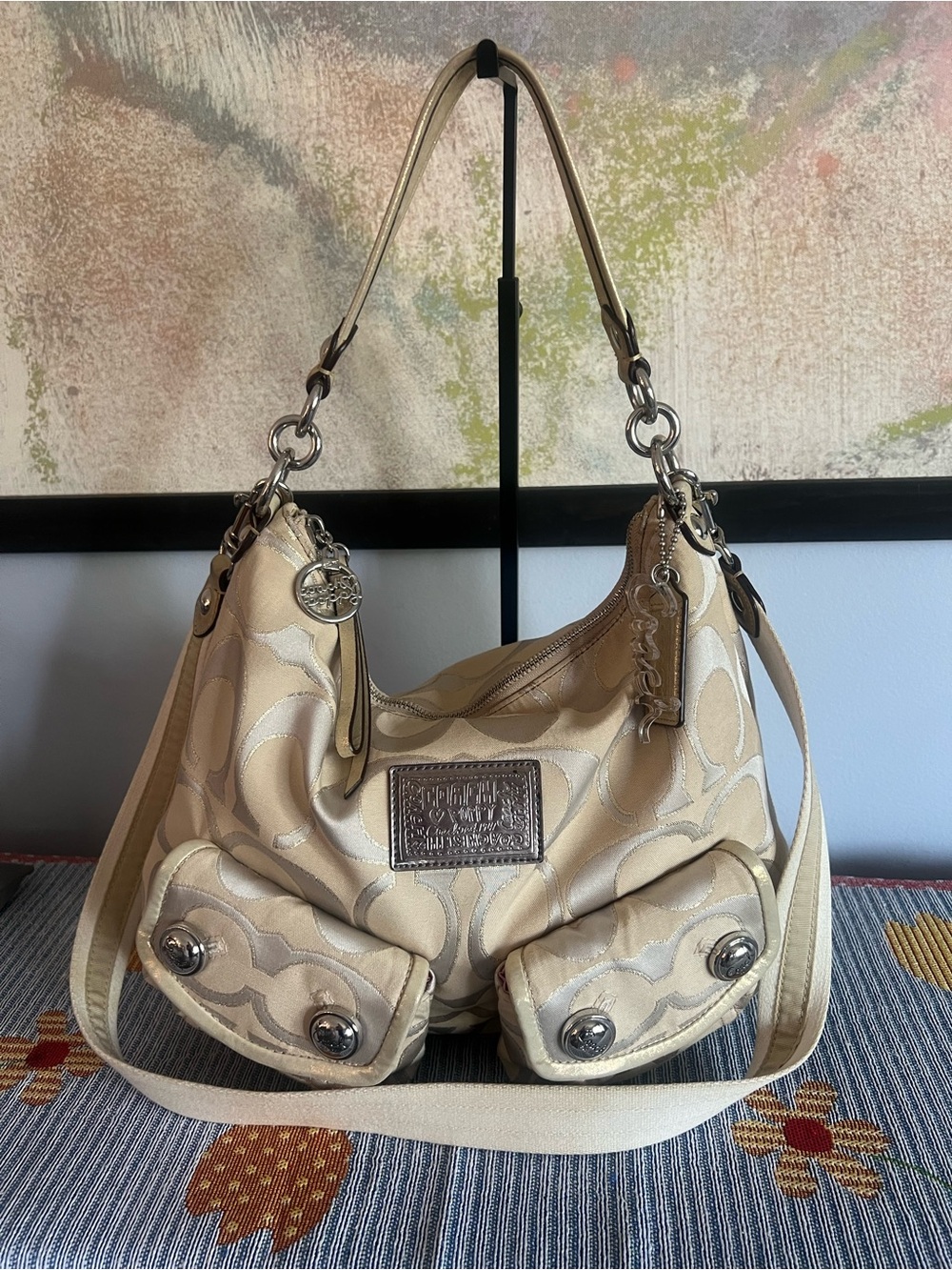 Coach 2006 Poppy Signature Gold Khaki Sparkly Hobo Shoulder Crossbody Y2K Bag - Picture 1 of 16